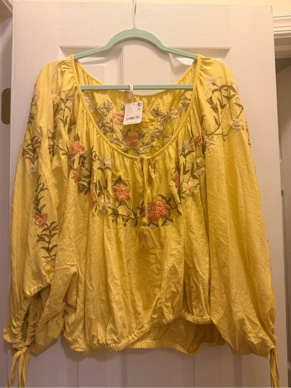 Free People Yellow Floral Embroidered Peasant Blouse